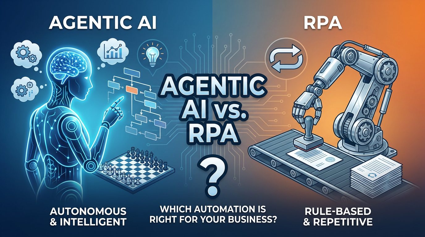 Agentic AI vs. RPA: Which Automation Is Right for Your Business? Businesses everywhere want one thing: less manual work and faster results. That is why automation tools are growing so quickly. Two of the biggest names in this space are Agentic AI and RPA (Robotic Process Automation). Both can save time, reduce costs, and improve productivity, but they work in very different ways. RPA is like a worker who follows fixed instructions every single time. It is great for repetitive tasks like data entry, invoice processing, or moving files between systems. Agentic AI, on the other hand, acts more like a smart assistant that can make decisions, learn from data, and adapt when situations change. Instead of just following rules, it can think through problems and respond dynamically. The real challenge for businesses is choosing the right solution. Picking the wrong automation system can waste money and create more complexity. Some companies only need simple task automation, while others need intelligent systems that can handle customer interactions, planning, and decision-making. What Is RPA? RPA stands for Robotic Process Automation. It uses software bots to complete repetitive digital tasks. Imagine copying data from one spreadsheet into another every day. An RPA bot can do that work automatically without getting tired or making typing mistakes. RPA works best when tasks follow strict rules. The bot needs clear instructions like: Open this file Copy this data Paste it into another system Send an email confirmation The process stays the same every time. That is where RPA shines. Banks, hospitals, and retail companies often use RPA to automate routine operations. It saves employees from boring tasks so they can focus on more valuable work. One of the biggest advantages of RPA is speed. Businesses can often deploy it quickly without changing their existing systems. It also reduces human error, which improves accuracy in daily operations. What Is Agentic AI? Agentic AI is a more advanced form of automation. Instead of just following instructions, it can make decisions and adapt to new situations. Think of it as moving from a calculator to a personal assistant. Agentic AI systems use technologies like machine learning, natural language processing, and reasoning models. They can understand context, analyze information, and even improve over time. This allows them to handle tasks that are too complex for traditional automation. For example, an AI agent in customer support can understand customer questions, search for solutions, respond naturally, and escalate issues when needed. Unlike RPA, it does not need every step pre-programmed. This flexibility makes Agentic AI powerful for businesses dealing with unpredictable workflows. It can support marketing teams, sales departments, HR operations, and customer service without relying on fixed rules alone. Key Differences Between Agentic AI and RPA Although both technologies automate work, they operate very differently. The table below shows the main differences. Feature RPA Agentic AI Works on fixed rules Yes No Learns from data No Yes Handles changing situations Limited Strong Best for repetitive tasks Excellent Moderate Decision-making ability Basic Advanced Setup complexity Lower Higher Human-like interaction Minimal Strong RPA is like a train running on tracks. It performs well as long as the route never changes. Agentic AI is more like a self-driving car that can react to traffic, weather, and unexpected obstacles. When RPA Is the Better Choice Not every business needs advanced AI systems. In many cases, RPA is still the smartest option. If your company deals with repetitive, predictable tasks, RPA can provide fast results at a lower cost. Industries like finance and insurance often rely on structured workflows. Invoice processing, payroll updates, and compliance reporting are perfect examples. These tasks rarely change, so rule-based automation works extremely well. RPA is also ideal for companies starting their automation journey. It is easier to implement and usually requires less technical expertise. Businesses can automate small processes first and expand later. Another benefit is reliability. Since RPA follows fixed instructions, the outcomes stay consistent. That makes it useful for operations where precision matters more than flexibility. When Agentic AI Makes More Sense Agentic AI becomes valuable when businesses need systems that can think, adapt, and respond intelligently. Modern companies deal with huge amounts of data and changing customer expectations. Fixed workflows are no longer enough in many situations. Customer support is a great example. People ask questions in different ways, and problems are not always predictable. An AI agent can understand intent, generate responses, and personalize interactions in real time. Sales and marketing teams also benefit from Agentic AI. It can analyze customer behavior, recommend strategies, and automate personalized communication. Instead of simply moving data, it creates insights and actions. Companies working in fast-changing industries often prefer Agentic AI because it can adapt without constant manual updates. It helps businesses stay competitive in environments where speed and intelligence matter. Challenges of RPA Even though RPA is useful, it has limitations. The biggest issue is rigidity. If a workflow changes, the bot may stop working correctly. Small changes in software layouts or data formats can break the automation process. RPA also struggles with unstructured data. It cannot easily understand emails, customer conversations, or documents without additional tools. Businesses often need human involvement for exceptions and unusual cases. Scaling can become difficult too. Managing hundreds of bots across multiple departments may create complexity over time. Without proper governance, automation systems can turn messy and hard to maintain. Challenges of Agentic AI Agentic AI is powerful, but it also comes with challenges. The biggest concern is complexity. These systems require strong data, computing resources, and careful monitoring. Cost is another factor. Building intelligent AI systems can be expensive compared to traditional automation. Businesses may need AI specialists, cloud infrastructure, and ongoing training. There are also concerns about trust and accuracy. AI systems can sometimes generate incorrect outputs or make decisions that are difficult to explain. That is why human oversight remains important, especially in sensitive industries like healthcare or finance. Which One Should Your Business Choose? The answer depends on your business goals. If you need fast automation for repetitive tasks, RPA is often the better starting point. It is simple, cost-effective, and reliable for structured workflows. If your business needs smarter systems that can adapt, communicate, and make decisions, Agentic AI offers much more flexibility. It is better suited for dynamic environments where tasks constantly change. Some companies combine both technologies. RPA handles repetitive processes while Agentic AI manages decision-making and customer interactions. Together, they create a more complete automation strategy. The future of automation is not about replacing people completely. It is about helping teams work faster, smarter, and more efficiently. Businesses that choose the right automation approach today will have a major advantage tomorrow. Conclusion Agentic AI and RPA both play important roles in modern business automation. RPA is perfect for repetitive, rule-based work that requires speed and accuracy. Agentic AI goes further by handling complex tasks, understanding context, and adapting to change. Choosing between them is not about which technology is better overall. It is about which one fits your business needs. Companies focused on stable workflows may gain more value from RPA, while businesses needing intelligent decision-making may benefit more from Agentic AI. The smartest approach is understanding your operations first. Once you know where your bottlenecks are, the right automation choice becomes much clearer.